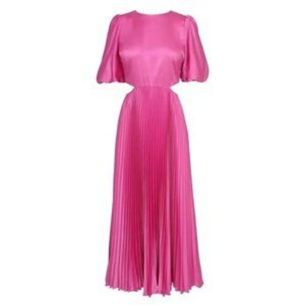 *Adelyn Rae Vibrant Pink Cutout Pleated Satin Dress Balloon Sleeve Size M - Picture 2 of 12